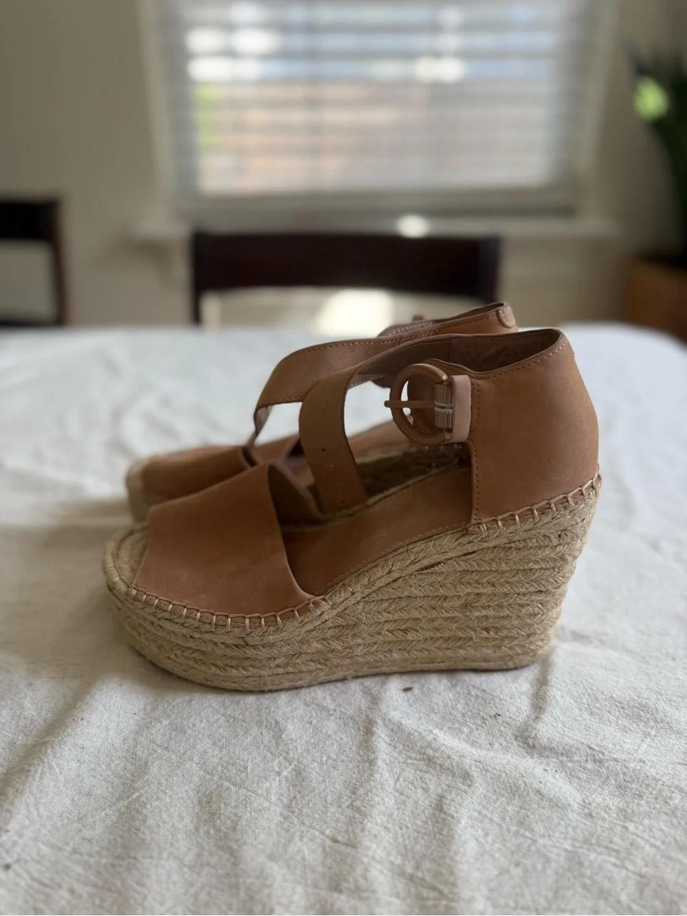 Tan Espadrille Wedge Sandals with Ankle Tie